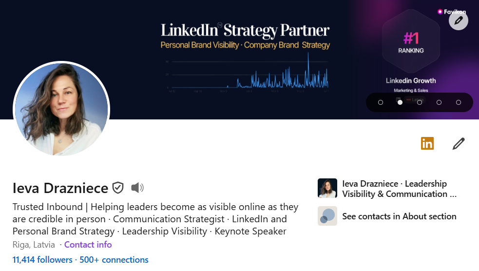 Screenshot: LinkedIn profile upper section with profile picture, banner, current position, and headline visible